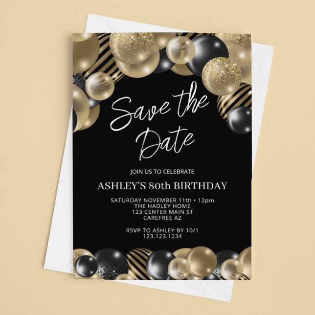 Save the Date Black Gold 80th Birthday Invitation (Creator Uploaded)
