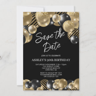 Save the Date Black Gold 90th Birthday Invitation