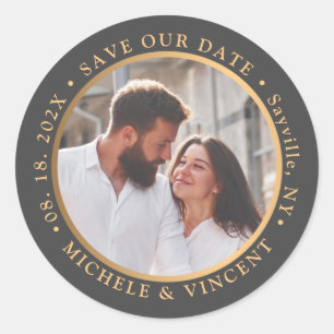 Save The Date Black Gold Photo  Classic Round Sticker