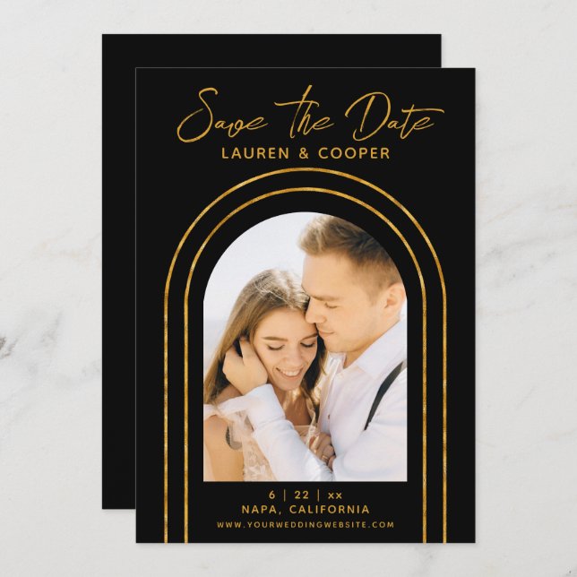 Save The Date Black Gold Stylish Art Deco Wedding (Front/Back)