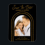 Save The Date Black Gold Stylish Art Deco Wedding Magnet<br><div class="desc">Save The Date Black Gold Stylish Script Art Deco Wedding Magnet features your favourite photo inside a golden arch on a black background. Personalise with your text by editing the text in the text boxes provided. Designed for you by ©Evco Studio www.zazzle.com/store/evcostudio</div>