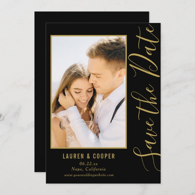 Save The Date Black Gold Stylish Modern Wedding (Front/Back)