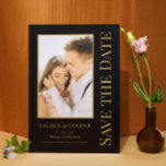 Save The Date Black Gold Stylish Modern Wedding<br><div class="desc">Save The Date Black Gold Stylish Script Modern Wedding Cards features a black background with your custom photo. Personalise with your text by editing the text in the text boxes provided. Designed for you by ©Evco Studio www.zazzle.com/store/evcostudio</div>