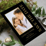 Save The Date Black Gold Stylish Modern Wedding<br><div class="desc">Save The Date Black Gold Stylish Script Modern Wedding Cards features a black background with your custom photo. Personalise with your text by editing the text in the text boxes provided. Designed for you by ©Evco Studio www.zazzle.com/store/evcostudio</div>