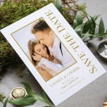 Save The Date Black Gold Stylish Modern Wedding<br><div class="desc">Save The Date Black Gold Stylish Script Modern Wedding Cards features a white background with your custom photo. Personalise with your text by editing the text in the text boxes provided. Designed for you by ©Evco Studio www.zazzle.com/store/evcostudio</div>