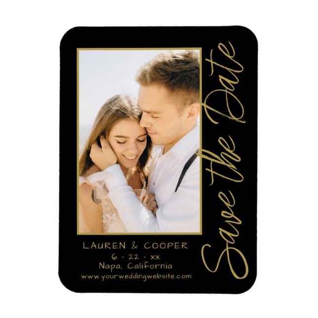 Save The Date Black Gold Stylish Modern Wedding Magnet (Vertical)