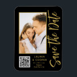 Save The Date Black Gold Stylish Modern Wedding Magnet<br><div class="desc">Save The Date Black Gold Stylish Script Modern Wedding Magnets features a black background with your custom photo. Personalise with your text by editing the text in the text boxes provided and add your website URL for your custom QR code. Designed for you by ©Evco Studio www.zazzle.com/store/evcostudio</div>