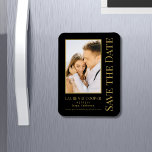 Save The Date Black Gold Stylish Modern Wedding Magnet<br><div class="desc">Save The Date Black Gold Stylish Script Modern Wedding Magnet features a black background with your custom photo. Personalise with your text by editing the text in the text boxes provided. Designed for you by ©Evco Studio www.zazzle.com/store/evcostudio</div>