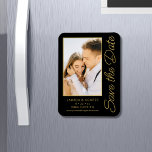 Save The Date Black Gold Stylish Modern Wedding Magnet<br><div class="desc">Save The Date Black Gold Stylish Script Modern Wedding Cards features a black background with your custom photo. Personalise with your text by editing the text in the text boxes provided. Designed for you by ©Evco Studio www.zazzle.com/store/evcostudio</div>