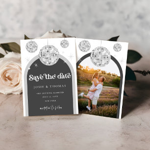 Save the Date Black Grey Retro Disco Groove photo Invitation