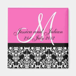 Save The Date Black/Pink Monogram Damask Trellis Magnet
