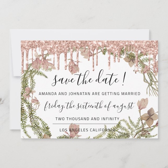 Save The Date Black Rose Floral Woodland Drips (Front)