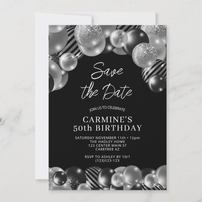 Save the Date Black Silver 50th Birthday Invitation (Front)
