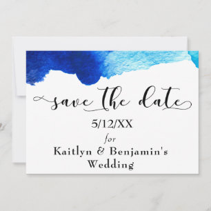 "Save the Date" Black Typography & Blue Watercolor Save The Date
