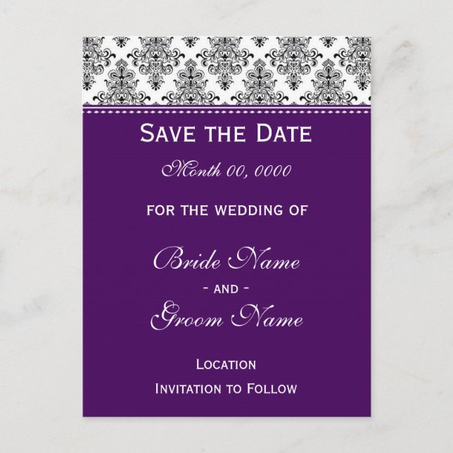 Save the Date - Black & White & Purple Announcement Postcard (Front)