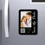 Save The Date Black White Stylish Modern Wedding Magnet<br><div class="desc">Save The Date Black White Stylish Script Modern Wedding Magnets features a black background with your custom photo. Personalise with your text by editing the text in the text boxes provided and add your website URL for your custom QR code. Designed for you by ©Evco Studio www.zazzle.com/store/evcostudio</div>