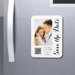 Save The Date Black White Stylish Modern Wedding Magnet<br><div class="desc">Save The Date Black White Stylish Script Modern Wedding Magnets features a white background with your custom photo. Personalise with your text by editing the text in the text boxes provided and add your website URL for your custom QR code. Designed for you by ©Evco Studio www.zazzle.com/store/evcostudio</div>