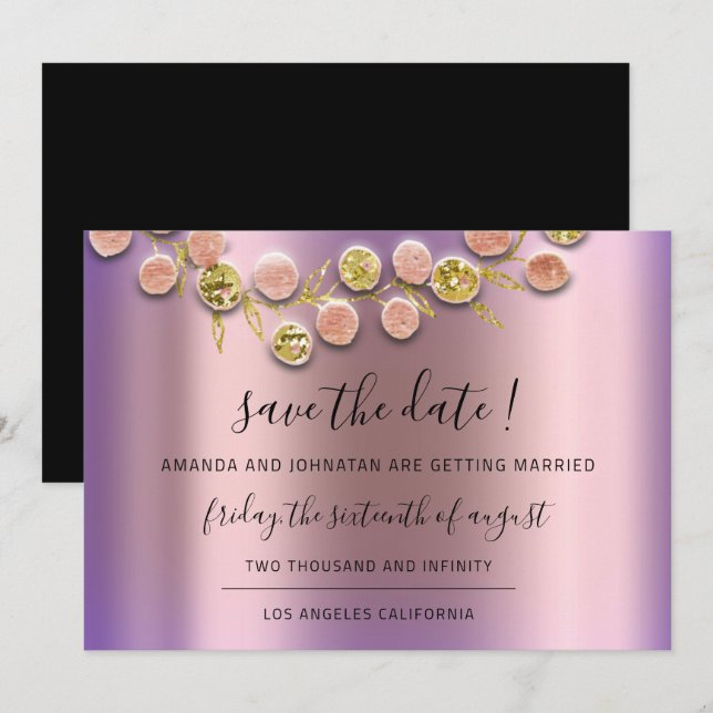 Save The Date Black Wreath Rose Gold Purple (Front/Back)