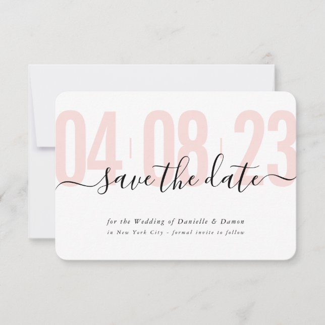 SAVE THE DATE block modern calligraphy blush black RSVP Card (Front)