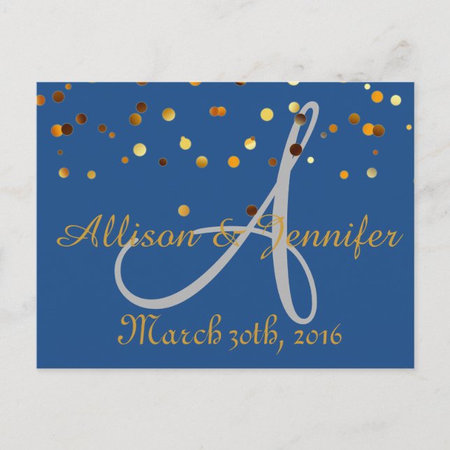 Save the date Blue and Gold Glitter Faux Foil Announcement Postcard (Front)