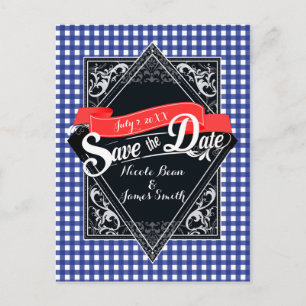 Save The Date Blue Chequered Gingham Engagement Postcard
