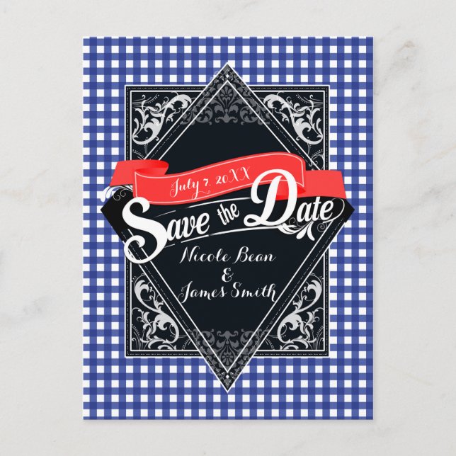 Save The Date Blue Chequered Gingham Engagement Postcard (Front)
