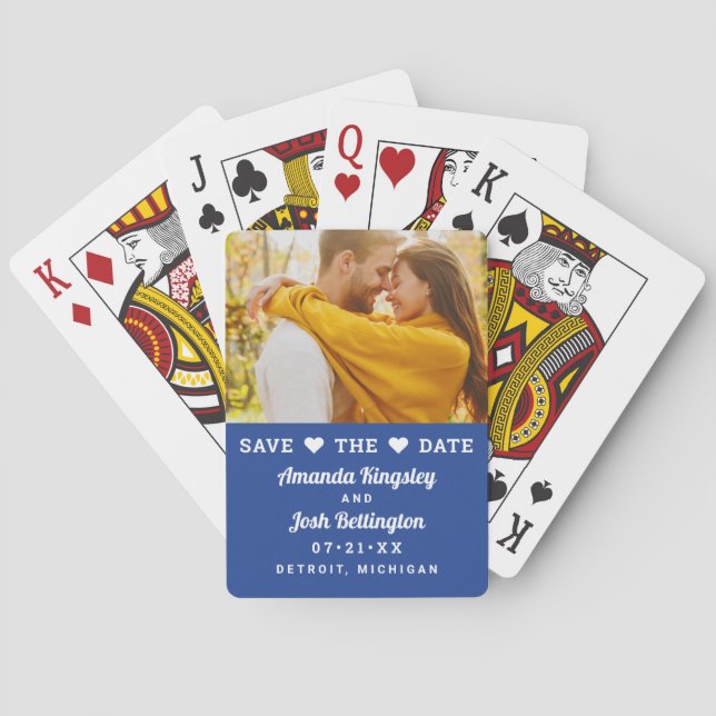 Save the Date Blue Custom Wedding Photo Playing Cards (Back)