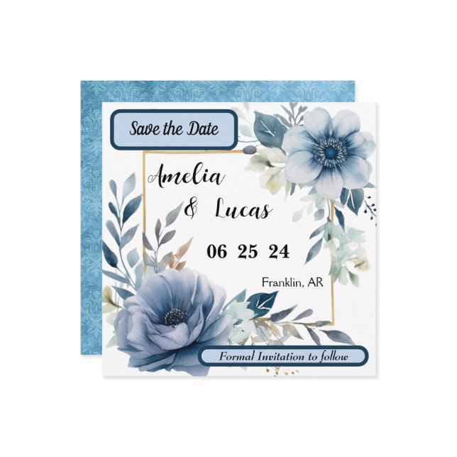 Save the Date Blue Floral (Front/Back In Situ)