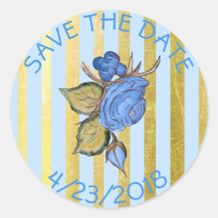 Save the Date Blue Flower Striped Stickers