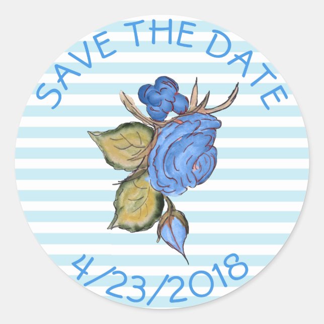 Save the Date Blue Flower Striped Stickers (Front)