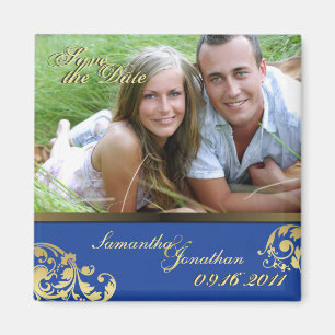 Save the Date Blue & Gold Shimmer Floral Magnet