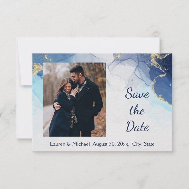 Save the Date Blue Gold Watercolor   Wedding  Invitation (Front)