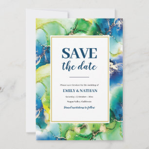Save the date blue, green and gold inky Invitation