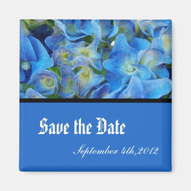 save the date, blue hydrangea flowers magnet (Front)