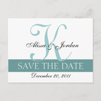 Save the Date Blue Monogram Names Announcement Postcard