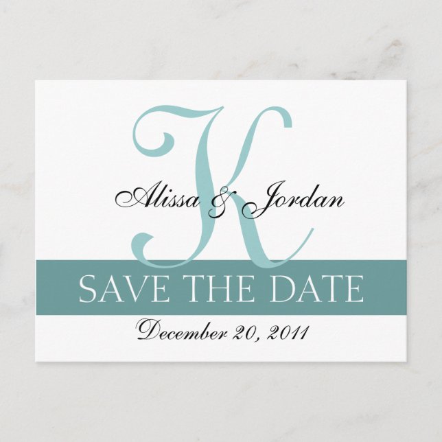 Save the Date Blue Monogram Names Announcement Postcard (Front)