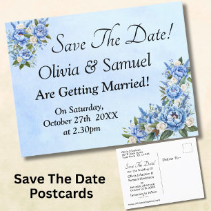 Save The Date - Blue Peony on Blue Announcement Postcard