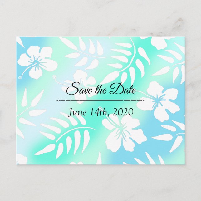 Save the Date Blue Teal Hibiscus Tropical Themed Postcard (Front)