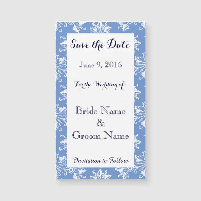 Save the Date Blue White Damask Magnetic Card (Front)