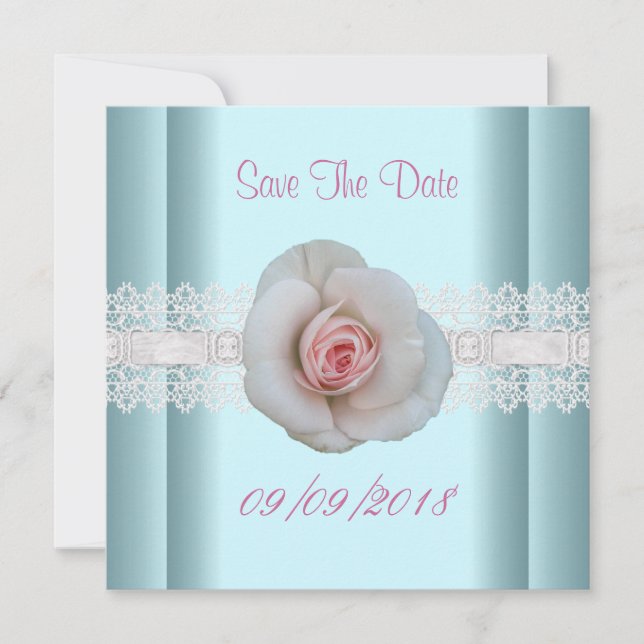 Save The Date Blue White Pink Rose Flower Lace (Front)