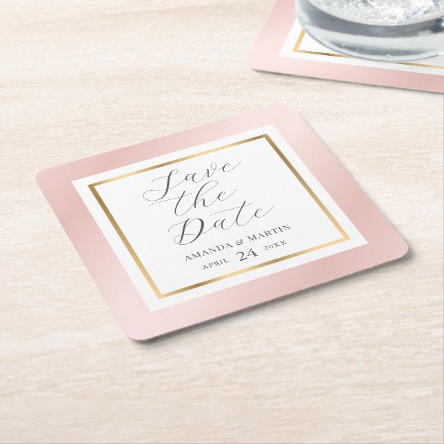 Save The Date Blush Pink and Gold Script Wedding Square Paper Coaster (Angled)