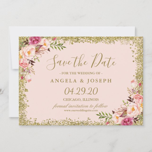 Save the Date Blush Pink Gold Glitters Floral (Front)