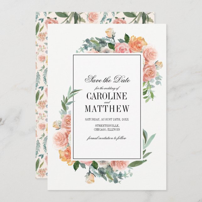 Save the Date. Blush Pink Ivory Floral Wedding Invitation (Front/Back)