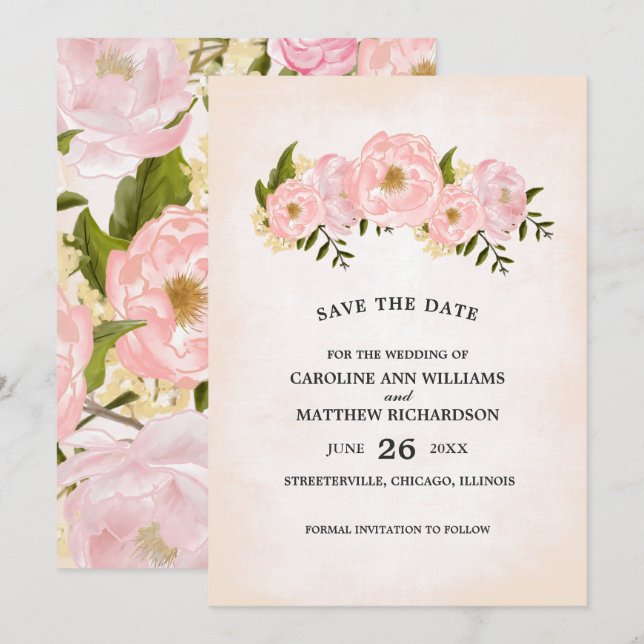 Save the Date. Blush Pink Peonies Card (Front/Back)