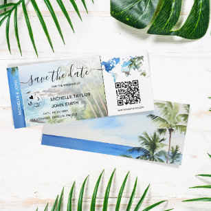 Save the Date Boarding Pass Map Beach Palm Mexico Invitation