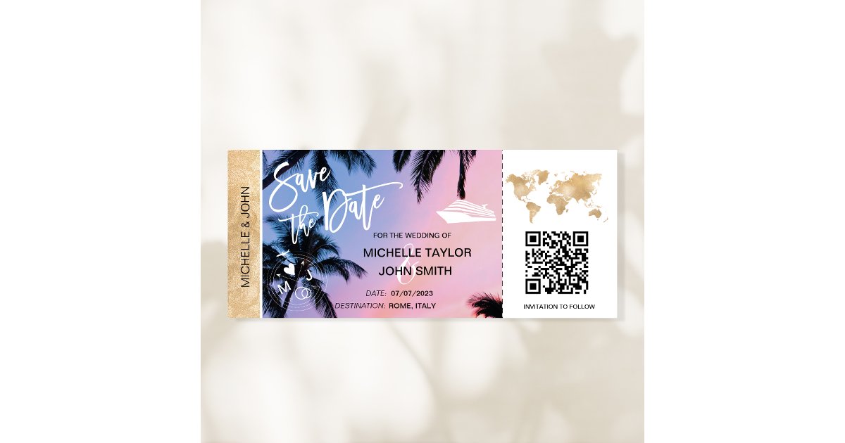 Save the Date Boarding Pass Map Cruise QR Code Inv Invitation | Zazzle