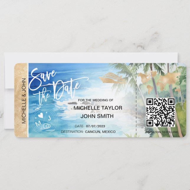 Save the Date Boarding Pass Map Cruise QR Code Inv Invitation (Front)