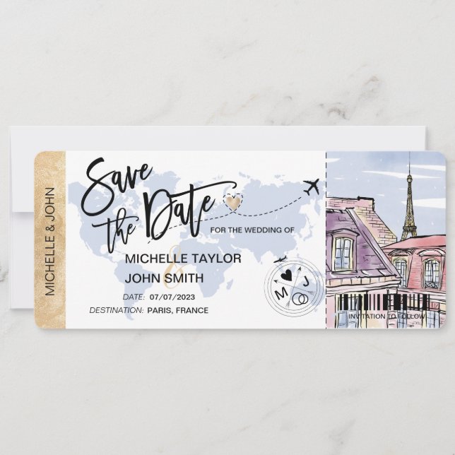 Save the Date Boarding Pass Paris Wedding Invitati Invitation (Front)