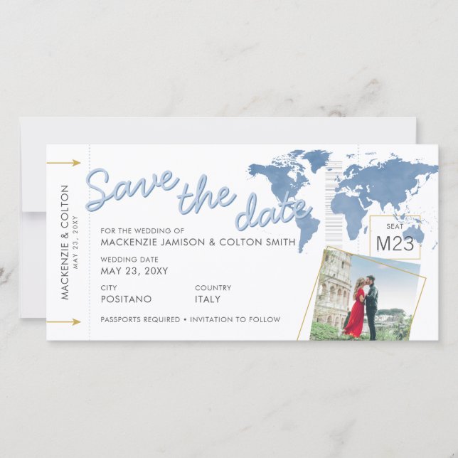 Save the Date Boarding Pass Photo Blue World Map (Front)