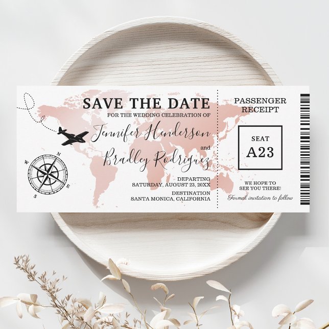 Save the Date Boarding Pass Rose Gold Map Invite (Creator Uploaded)
